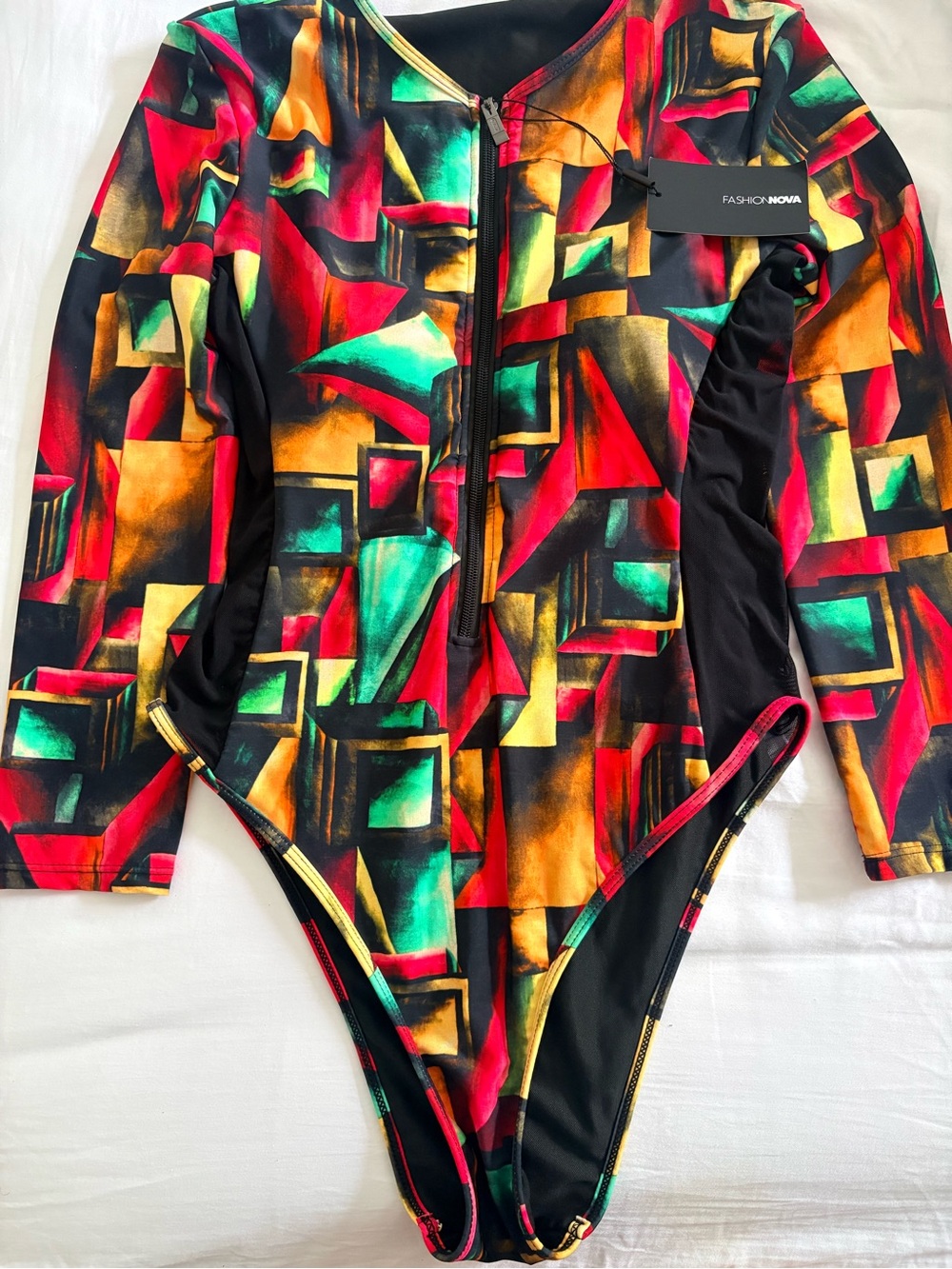 Fashion Nova Multicolor Geometric Long Sleeve Bodysuit